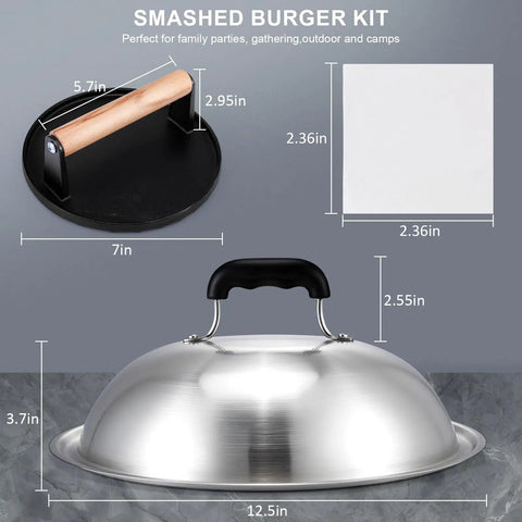7 Inch Cast Iron Smash Burger Press Kit With 12.5 Inch Heavy Duty Griddle Dome And Patty Papers For Hamburger Bacon