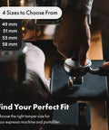 Barista using 58mm Espresso Tamper With Flat Stainless Steel Base for home espresso setup, showing four size options.