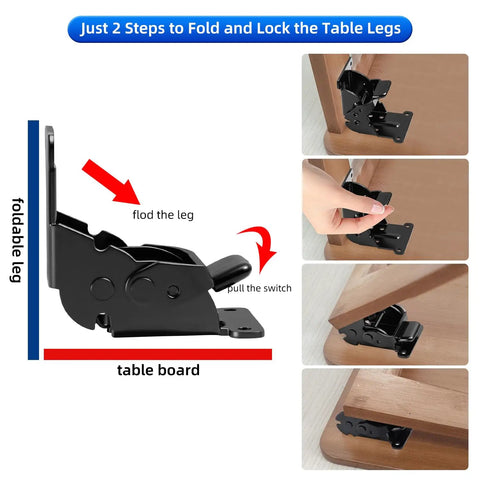 Heavy Duty Folding Brackets 4 Pack With Screws, Self Locking Steel Hinges For Table Legs Bed Frames And Workbenches, Rock Solid Legit Job Site Support Brackets In Black, showing installation steps for foldable table legs.