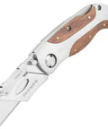 Heavy Duty Hardwood Folding Utility Knife With Foolproof Quick Swap Blades And Grip Tight Lock Back Design, showing closed utility knife with wood handle.