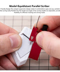 Heavy Duty Adjustable Parallel Scriber Tool With Rock Solid Aluminum Build And Razor Sharp Steel Needle For Rail Straight Layouts Woodworking Model Crafting And Nailed On Precision Marking Red, shown in use with adjustable needle.