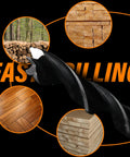 Close-up of a brad point wood drill bit against a background showing wood types for drilling, highlighting easy drilling text.
