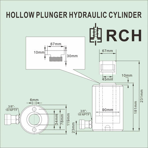 Heavy Duty 30 Ton Hollow Hydraulic Cylinder Jack With 2 Inch Stroke Hydraulic Ram Heavy Hitter technical diagram with measurements.