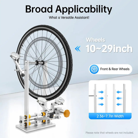 Pro Grade Bicycle Wheel Stand For Repair And Truing, displaying wheel compatibility from 10 to 29 inches for front and rear wheels