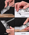 Person using Built Different Cnc Titanium Folding Utility Knife With Secure Button Lock Quick Swap Razor Blades on cardboard, plastic, rope, and leather.