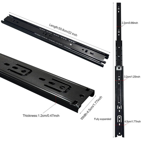 Rock Solid 22 Inch Full Extension Ball Bearing Drawer Slides, black steel construction with dimensions labeled for easy installation.