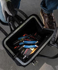 Heavy Duty Black Canvas Tool Bag With Wide Mouth Opening Leather Handles 12 Inch Tool Tote filled with tools