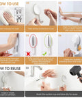 Installation and reuse steps for Two Pack Shower Razor Holder With Strong Suction Cup Hooks, showing cleaning, mounting, and checking stability.
