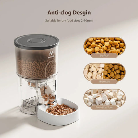 Imipaw Automatic Cat Feeder With Timed Dry Food Dispenser And Desiccant Bag showcasing anti-clog design for dry food sizes 2-10mm.