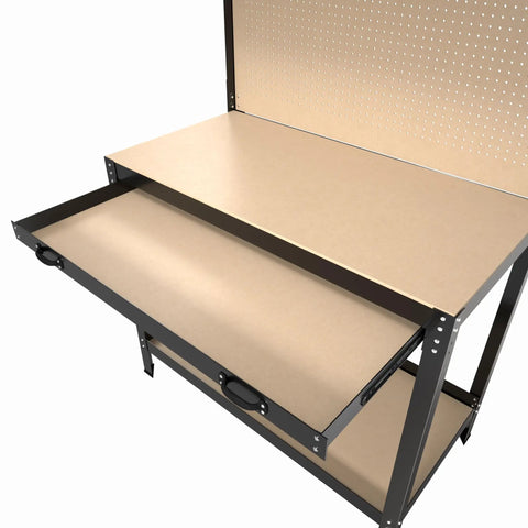 63 Inch Heavy Duty Workbench With Deep Drawers And Pegboard showing deep drawer extension and sturdy surface for tool storage.
