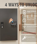 Smart Key Lock Box With Keypad And App Control Provides Hella Secure Storage For 104 Keys With No Sweat Pickup Drop Slot And One Time Passcodes Plus Bluetooth Remote Access For Total Everyday Convenience showing four unlocking methods.