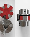 Front view of uxcell L090 jaw coupling insert, red urethane; four pieces shown with side and installed views.