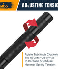 Close-up of Auto Center Punch Tool 5 Inch Spring Loaded Drill Punch For Metal Wood And Steel Heavy Duty Marking In The Workshop Blackened Finish Precision Tip 2 Pack showing adjustment instructions.