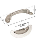 Baroque Scroll Work Brushed Nickel Cup Pull for cabinets, drawers; 2-1/2 inch centers, 4 inch wide, 1-1/8 inch projection view
