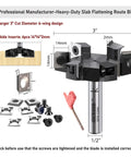 Slab Flattening Router Bit With Half Inch Shank And Six Wing Design For Fast Wood Surfacing, 3 Inch Cutting Diameter, Carbide Inserts 14x14x2mm, CNC Spoilboard Surfacing Bit For Planing Flycut Slab Leveling And Rabbeting with illustrated dimensions and components.