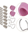 Heavy Duty Plasma Cutter Torch Tip Nozzle Consumables Kit For Handheld Welding with pink drag shield and metal nozzles.