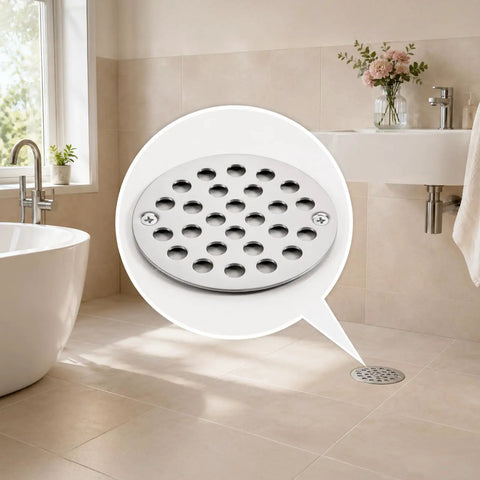 Round 4 Inch Screw-in Shower Drain Cover Strainer Kit with Screws and Screwdriver Universal Floor Drain Insert for Bathroom Replacement Fits like a Dream Heavy Duty Repair in bathroom setting.