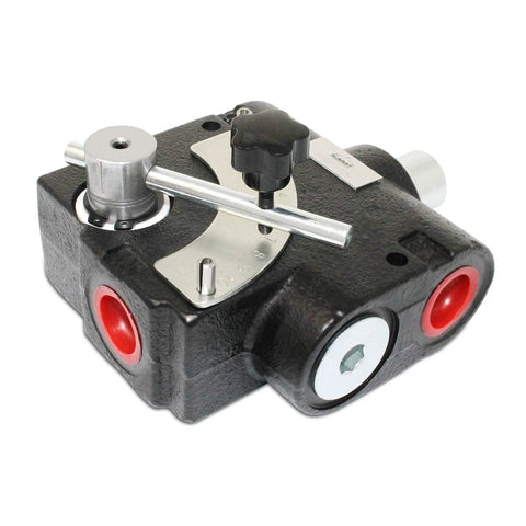 Front view of Summit Hydraulics adjustable flow control valve with relief, 0-30 GPM, 3/4 in NPT ports, black body.