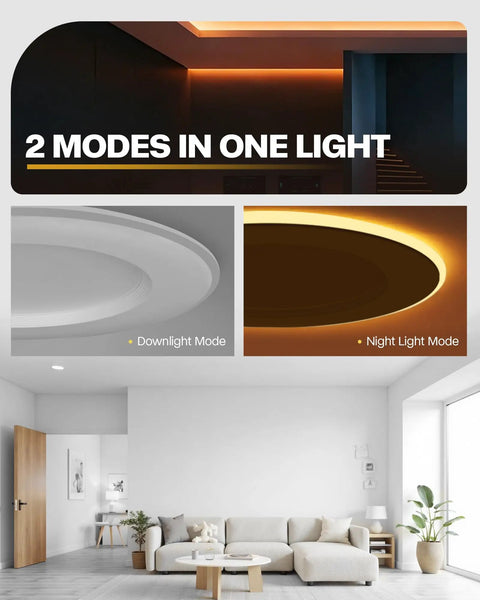 Two modes displayed for 12 Pack Top Tier 5 And 6 Inch Led Recessed Can Lights Switch Tunable 5Cct Day Night Dual Mode.