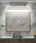 Modern Over Mirror Bathroom Light Fixture 30 Inch LED Vanity Bar Crystal Chrome Dope White Daylight 6000K Energy Efficient Easy Install Luxury Bath Lighting With Crystal Glass Diffusers above marble wall and sinks.
