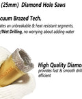 Dry And Wet Diamond Hole Saw Set 1 inch 25mm vacuum brazed, shown with diamond tip and glove for ceramic tile drilling
