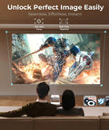 Outdoor 4K Projector With Built In Google TV And Voice Control For Backyard Cinema displaying action movie scene indoors