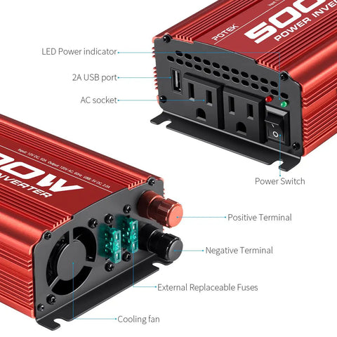 Heavy Duty Car Power Inverter Pumps Out Five Hundred Watts From Dc Twelve To Ac 110V With Dual Plugs And Quick Usb For Your Rig, showing AC sockets and USB port.