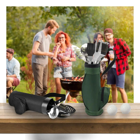Golf Themed 8 Piece Barbecue Grill Utensils Set With Golf Club Spatula Golf Ball Tongs And Two Golf Ball Salt And Pepper Shakers For Outdoor Cooking And Camping