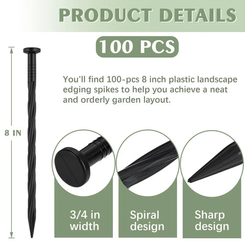 Heavy Duty Landscape Spikes 8 Inch Pack Of 100 for Weed Barrier and Paver Edging, showing spiral design and sharp end