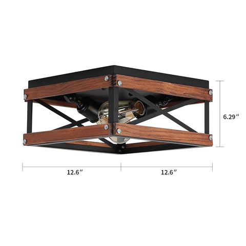Rustic Farmhouse Two Light Flush Mount Ceiling Light In Black With Metal And Wood Square Frame, dimensions shown