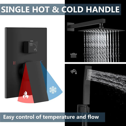 Top Shelf Matte Black Shower Faucet Kit Featuring A Nifty 8 Inch Rainfall Head And Handy Handheld Sprayer Crafted From Heavy Duty Stainless Steel And Solid Brass For Rugged Bathroom Upgrades Built Tough For Stress Free Daily Washes with single handle control for temperature.