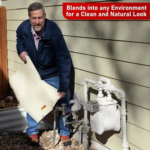 Man placing Backflow Preventer Winter Cover Insulation 24 By 24 Inches Outdoor Shield For Sprinkler Backflow And Well Pump.