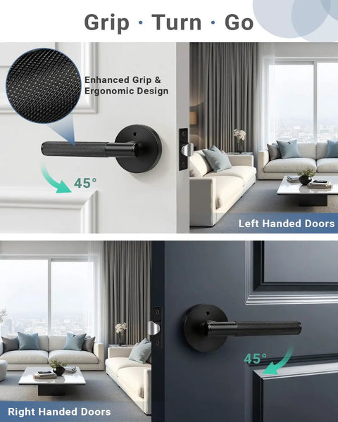 4 Pack Black Matte Interior Door Handles featuring Knurled Non Slip Grip Premium Zinc Alloy Privacy Lever Set Bedroom Bathroom view at 45 degrees.