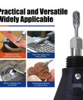 Carbide burr set for Dremel rotary showing versatile applications in metal, wood, and stone carving, grinding, and polishing.