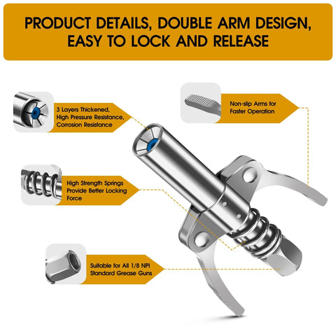 leak-proof grease gun coupler with double arm design for easy lock and release, showing features like non-slip arms and high strength springs