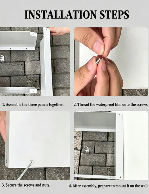 Universal EV Charger Cover Waterproof Rain Shield Galvanized Steel Outdoor Protector For Electric Vehicle Stations installation steps showcasing assembly and mounting.