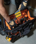 Tradesman Pro Wide Open Tool Bag With 1680 Ballistic Weave Molded Bottom Detachable Shoulder Strap Stay Open Top Bright Orange Interior