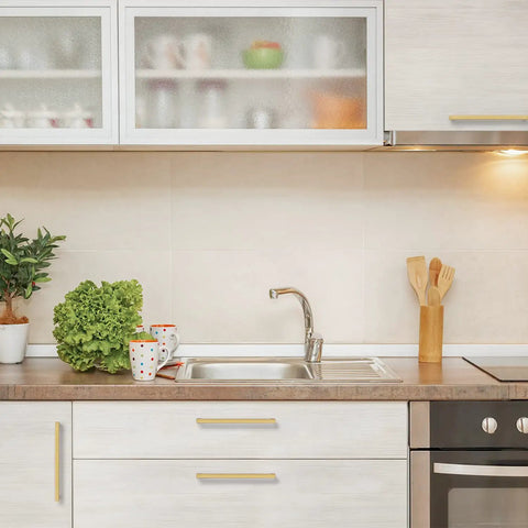 Modern kitchen with Gold Brushed Brass Cabinet Pulls With Handy Screwdriver, 9 1/4 Inch Overall Length, 8 4/5 Inch Hole Center