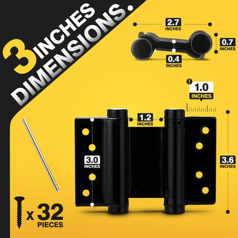 Workhorse 3 Inch Double Action Door Hinges Matte Black Heavy Duty dimensions showing 3 inch hinge with screw kit details.