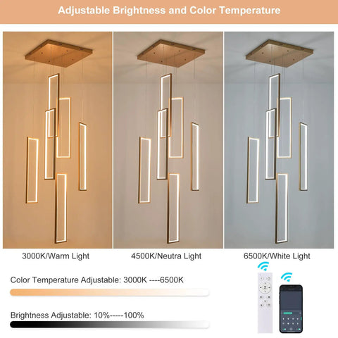 Adjustable brightness pendant light showcasing warm, neutral, and white light settings with remote control.