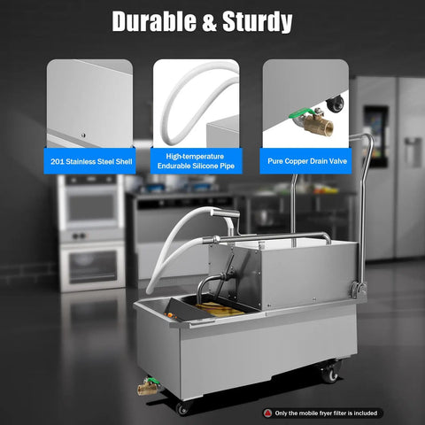 Get Rid Of Grime Now With This Heavy Duty 55L Commercial Stainless Steel Oil Filter Cart For Restaurants, showing stainless steel shell and features.