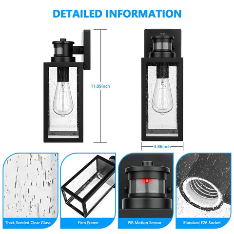 Dimensions and features of 2-Pack Motion Sensor Outdoor Wall Lights Upgraded Dusk to Dawn Exterior Lantern Sconces with Seeded Glass Black Finish