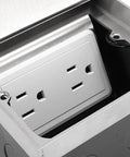 Flush Recessed Floor Electrical Outlet Kit With Dual 2 Prong Receptacle Boasting Top Shelf Stainless Steel Silver Cover interior view.