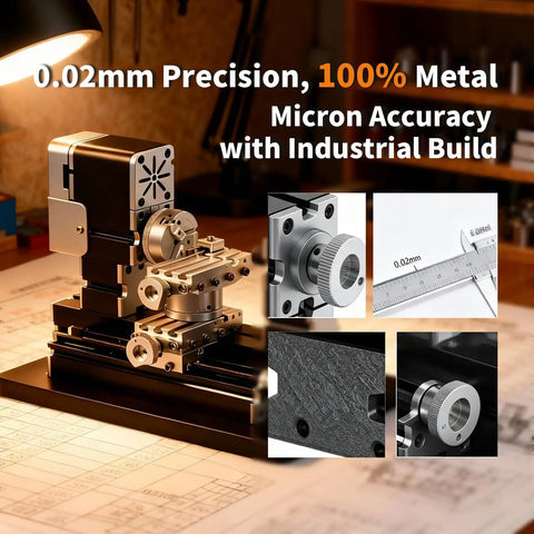 AcmeFlare 4 Axis All Metal Mini Lathe Machine 60W High Power close-up of precision components and industrial build.