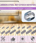 Front view of carbon steel key stock set with round-ended shaft keys in gray, sizes 3–6 mm, scattered on a wooden floor