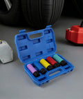 Premium Wheel Protector Nut Socket Set 5 Piece Thin Wall Impact Sockets With Durable Plastic Lug Sleeves For Fast Tire Repair Rim Care And Hub Fixing On Cars And Motorcycles Using Pneumatic Or Electric Wrenches, open blue case