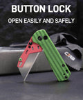Slick Folding Utility Knife With Foolproof Toolless Blade Swap And Solid G10 Handle showcasing button lock mechanism and grip design