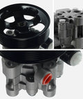 Built Tough Power Steering Pump With Pulley Compatible With Toyota Vehicles Heavy Duty Aftermarket Replacement, top view of aluminum casing and pulley.