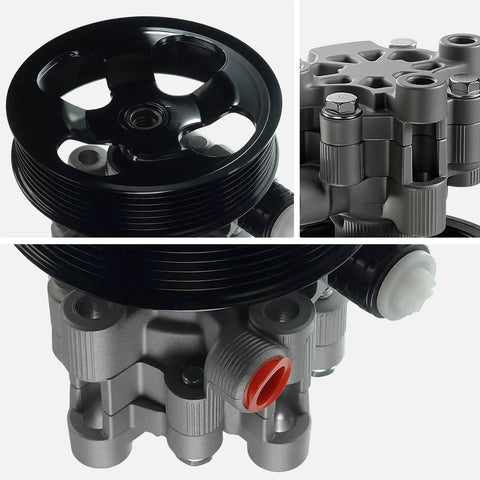 Built Tough Power Steering Pump With Pulley Compatible With Toyota Vehicles Heavy Duty Aftermarket Replacement, top view of aluminum casing and pulley.