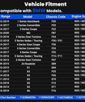 Vehicle fitment chart for Top Shelf Engine Oil Cooler Filter Housing Assembly Kit For BMW N20 N55. Lists compatible models and chassis codes.